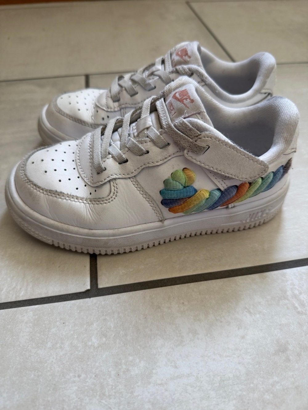 12C Nike Air Force 1- Kids White Sneakers with Rainbow Embroidered Swoosh